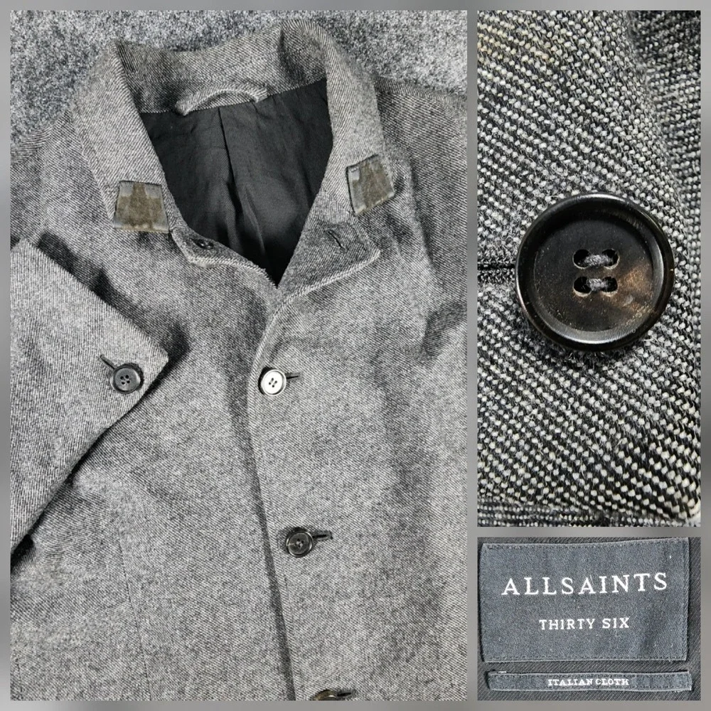 AllSaints Crane Blazer Mens 36 Grey Wool Blend Italian Cloth Jacket MM001K S